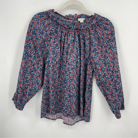 J. Crew Factory Printed Smock Neck Top Blouse Size S BY332 blue red green - Picture 1 of 9